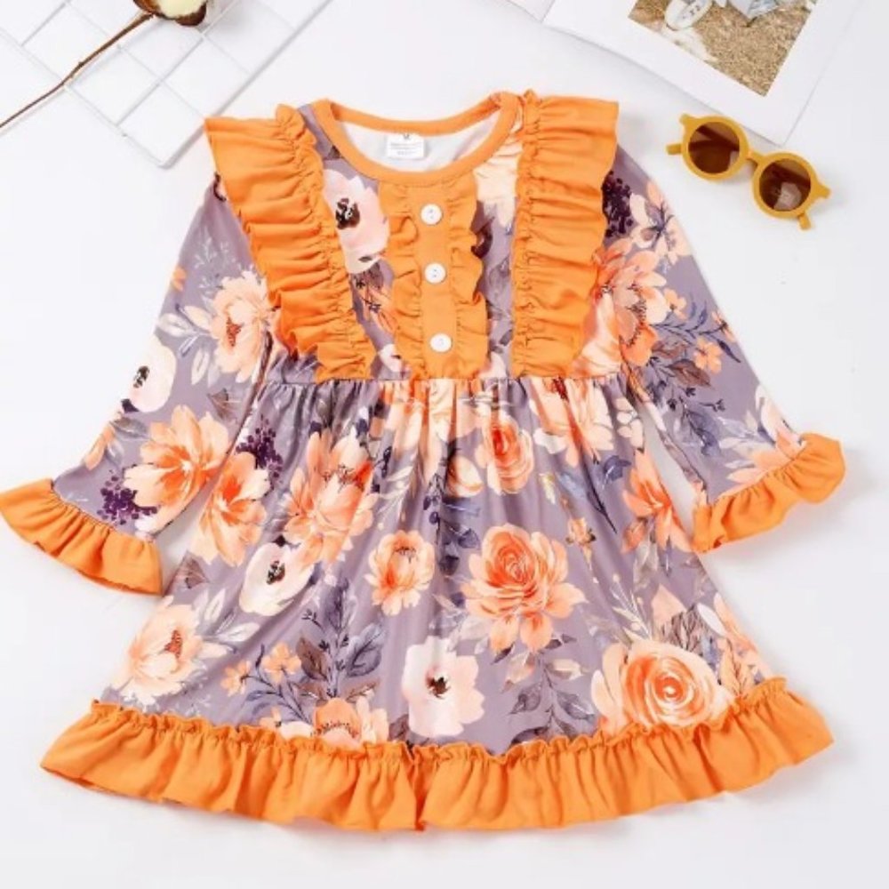 Boutique Floral Orange Long Sleeve Girls Dress